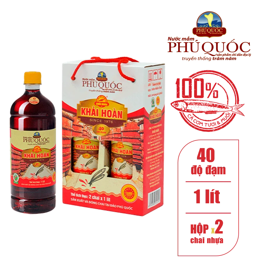 Hộp 2 Chai 1 Lít Nước Mắm Khải Hoàn 40 Độ Đạm